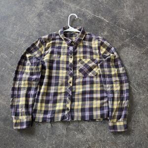 Eddie Bauer Crop Flannel Shirt Womens L Yellow Plaid Button Up Long Sleeve Y2K